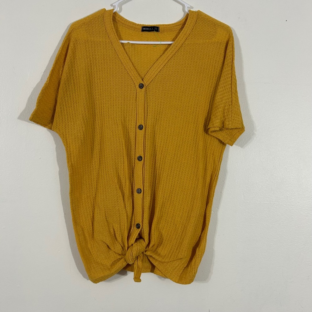 Miholl Womens Top Small Mustard Yellow Short Sleeve Tie‎ Front Button